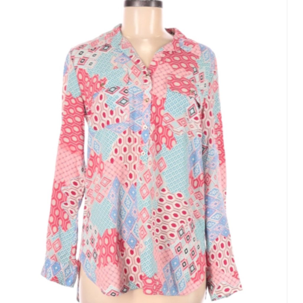 Talbots Muticolor Patchwork 1/2 Button Blouse